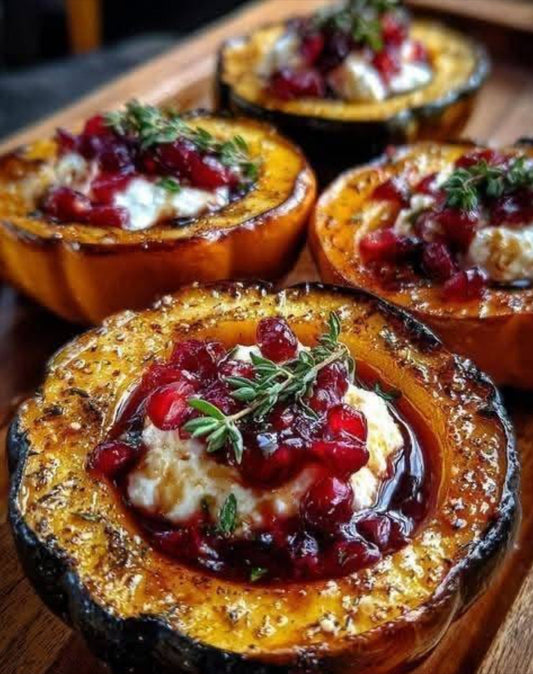 Honey-Glazed Acorn Squash with Creamy Goat Cheese and Cranberry Drizzle